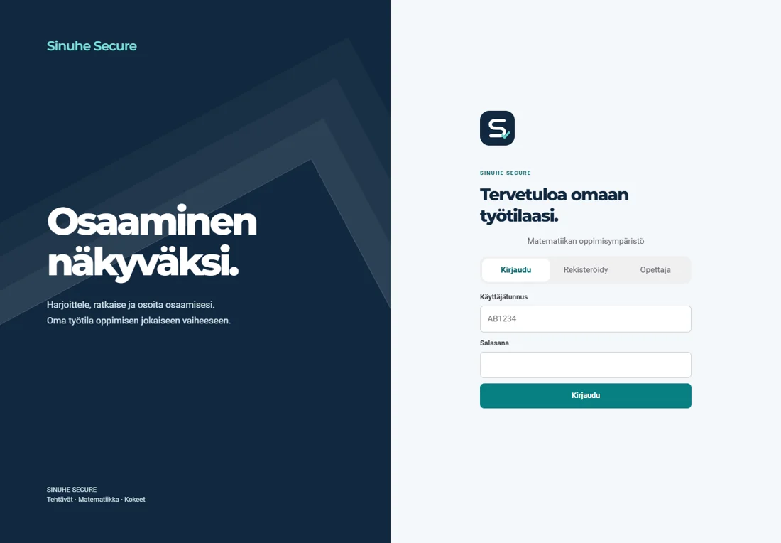 Sinuhe Securen oma sininen ja turkoosi kirjautumisnäkymä