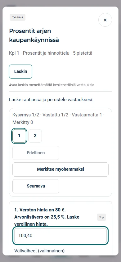 Matematiikan tehtävä, vastauskentät ja laskinpainike puhelinnäkymässä